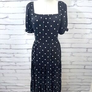 J.Crew Ecovero Milkmaid Polka Dot Tiered Midi Dress Black White XS Viscose‎